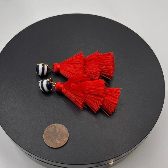 J. Crew Blue White Striped Three Tier Red Tassel Earrings - Picture 6 of 8